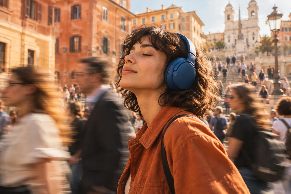 Illustrative headphone ad reference: a still listener in a moving city